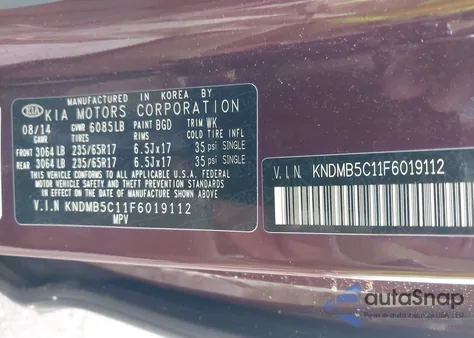 2015 Kia Sedona Lx from USA, damaged, VIN KNDMB5C11F6019112